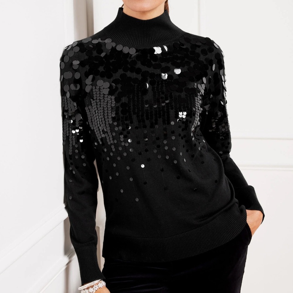NEW Talbots Paillette Embellished Black Pullover Turtleneck Sweater